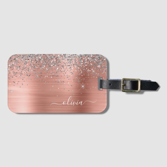 Étiquette À Bagage Rose Gold Métal Brossé Paillettes Monogramme Argen (Devant Horizontal)