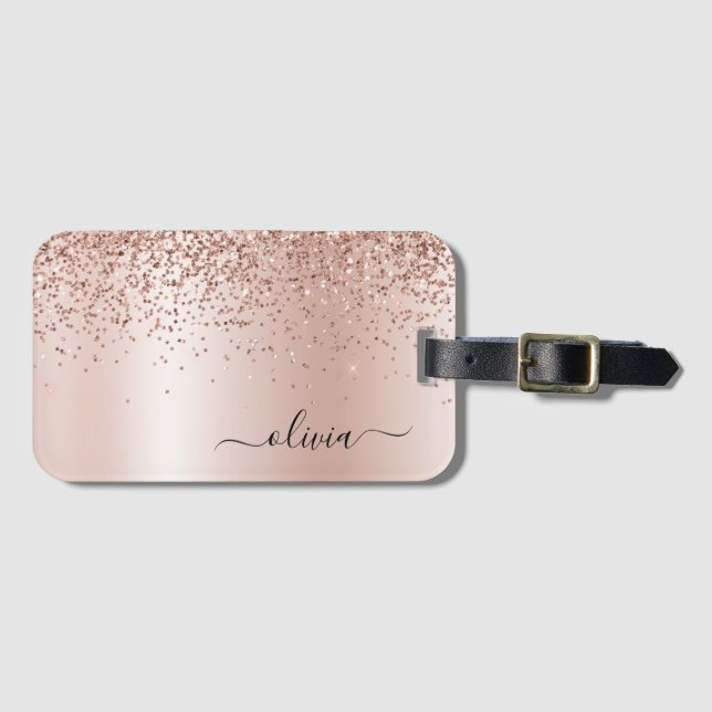 Étiquette À Bagage Rose Gold - Parties scintillant rose pâle Nom du m (Devant Horizontal)
