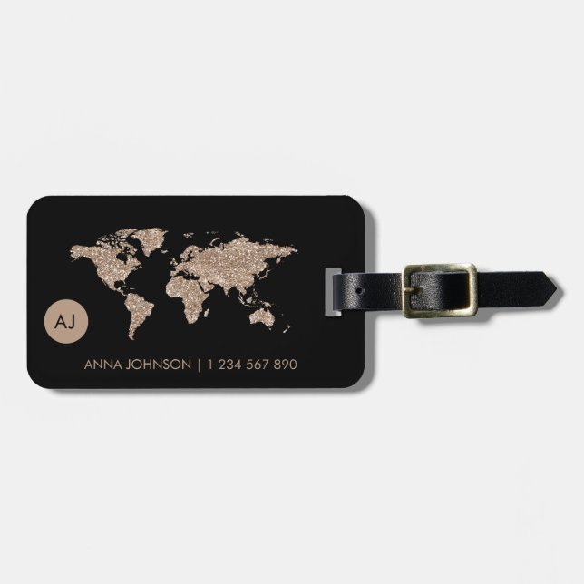 Étiquette À Bagage Rose Gold Parties scintillant World Map Voyage Mon (Devant horizontal)