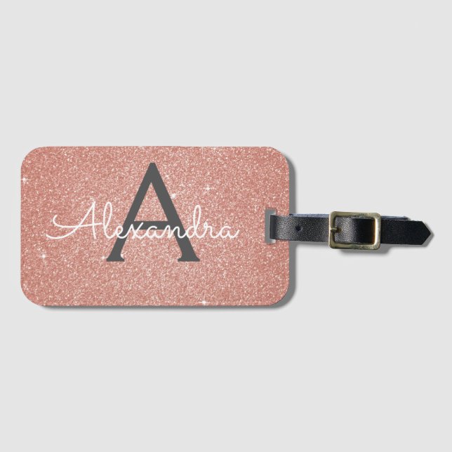 Étiquette À Bagage Rose Gold Pink Sparkle Glitter Monogram Nom (Devant Horizontal)