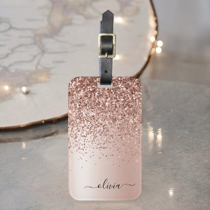 Étiquette À Bagage Rose Gold - Rose Pâle Pailleté Monogramme Nom