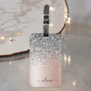 Étiquette À Bagage Rose Gold - Rose Pâle Paillettes Argent Monogramme
