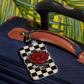 Étiquette À Bagage Rose Graffiti Rouge Beige Noir à Damier Grunge