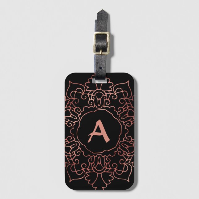 Étiquette À Bagage Rose moderne Rose Gold Foil Mandala Monogramme Noi (Devant Vertical)