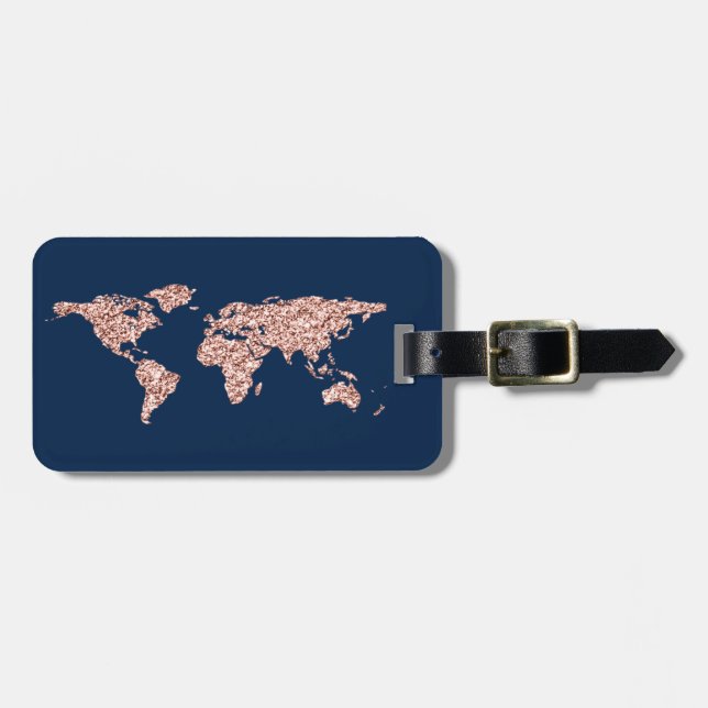 Étiquette À Bagage Rose Navy Globe World Map Earth Adresse Nom (Devant horizontal)