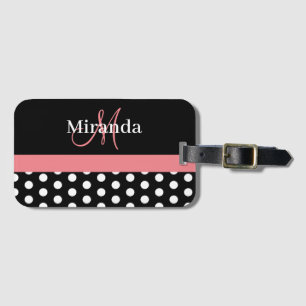 Étiquette À Bagage Rose noir blanc Polka point Monogramme