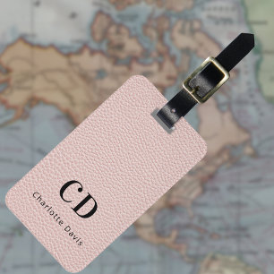 Étiquette À Bagage Rose or rose cuir nom monogramme