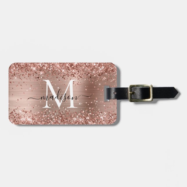 Étiquette À Bagage Rose Parties scintillant or brossé métal Monogramm (Devant horizontal)