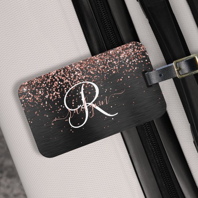 Étiquette À Bagage Rose personnalisé Parties scintillant or noir Étin (Créateur téléchargé)