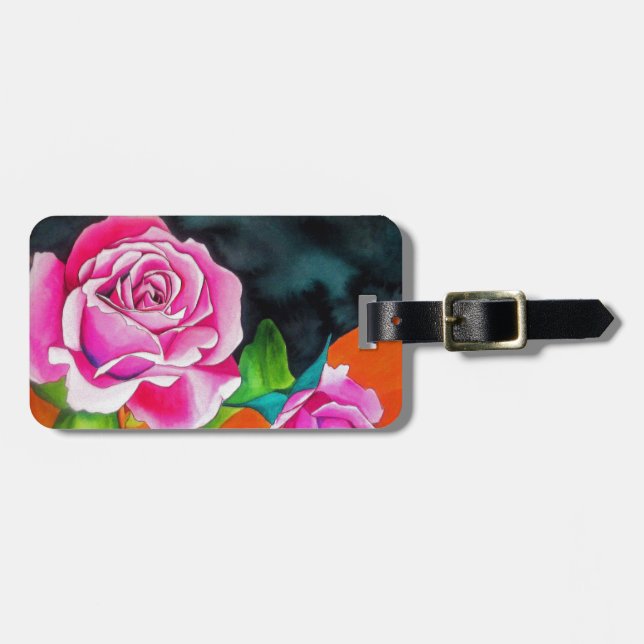 Étiquette À Bagage Rose rose avec aquarelle orange (Devant horizontal)
