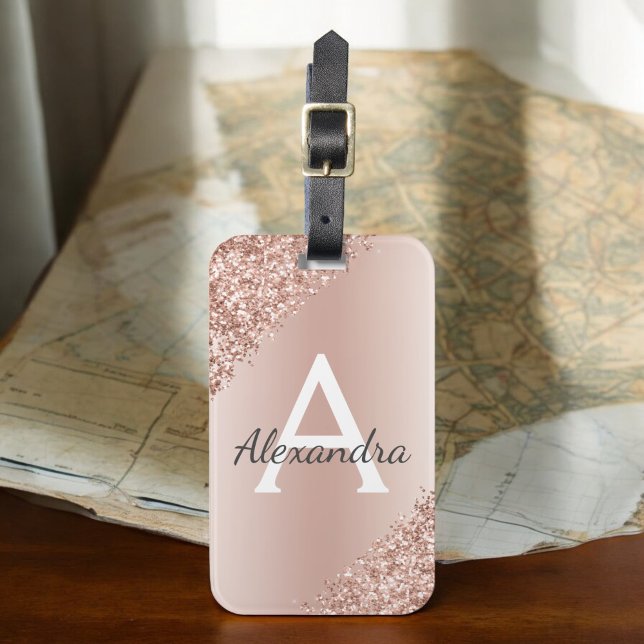 Étiquette À Bagage Rose Rose Or Brossé Script Métal Monogramme mou (Créateur téléchargé)