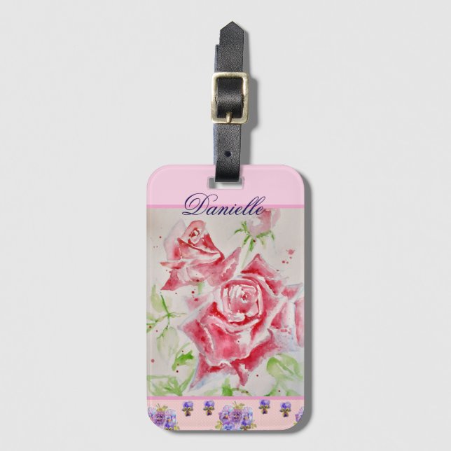 Étiquette À Bagage Rose rouge Aquarelle Rose Rose Floral Girls (Devant Vertical)