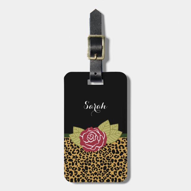Étiquette À Bagage Rose rouge et nom d'empreinte de léopard Brown (Devant Vertical)