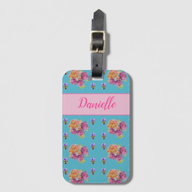 Étiquette À Bagage Rose rouge Shabby Chic Aqua Turquoise Floral Flowe (Devant Vertical)