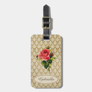 Étiquette À Bagage Rose vintage et nom de rose de motif de damassé