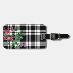 Étiquette À Bagage Rose vintage - plaid noir et blanc