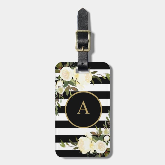 Étiquette À Bagage ROSES BLANCHES Or Monogramme noir blanc rayé (Devant Vertical)