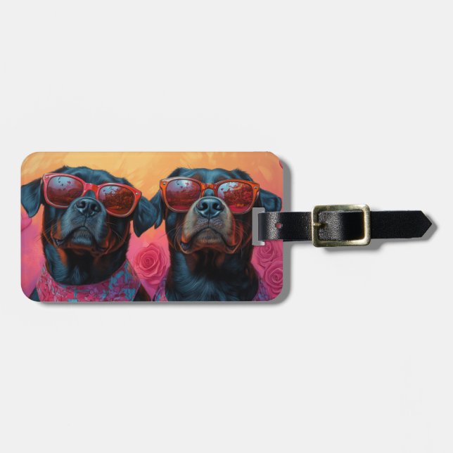 Étiquette À Bagage Rottweiler avec Roses de coeur Saint Valentin (Devant horizontal)