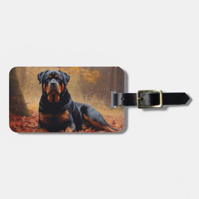 Étiquette À Bagage Rottweiler dans les feuilles d'automne automne aut (Devant horizontal)