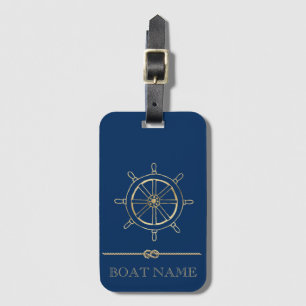 Étiquette À Bagage Roue de bateau en or nautique, Bleu marine
