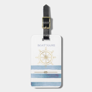 Étiquette À Bagage Roue nautique en or, Bleu Aquarelle