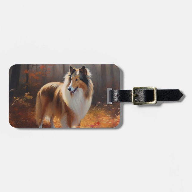 Étiquette À Bagage Rough Collie dans l'automne Leaves automne Inspire (Devant horizontal)