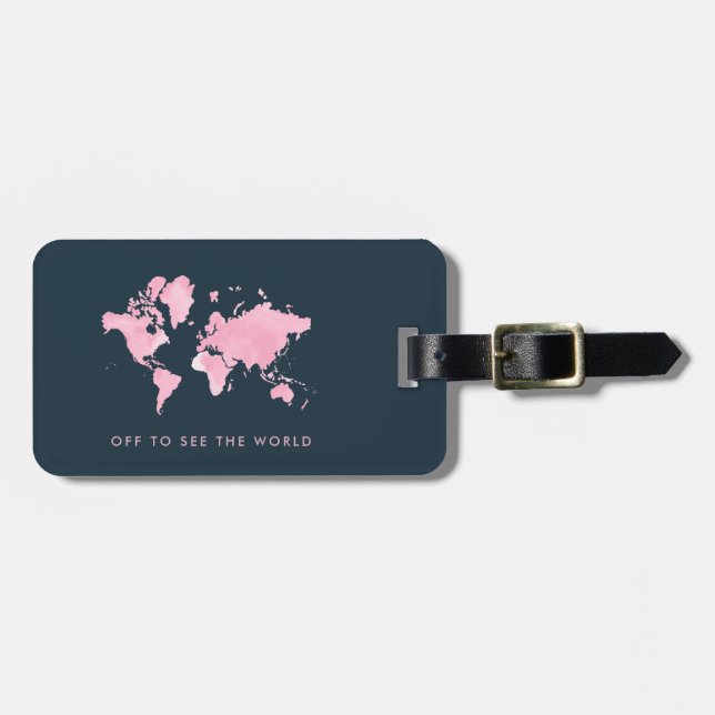 Étiquette À Bagage Rougissent la carte rose du monde d'aquarelle sur (Devant horizontal)