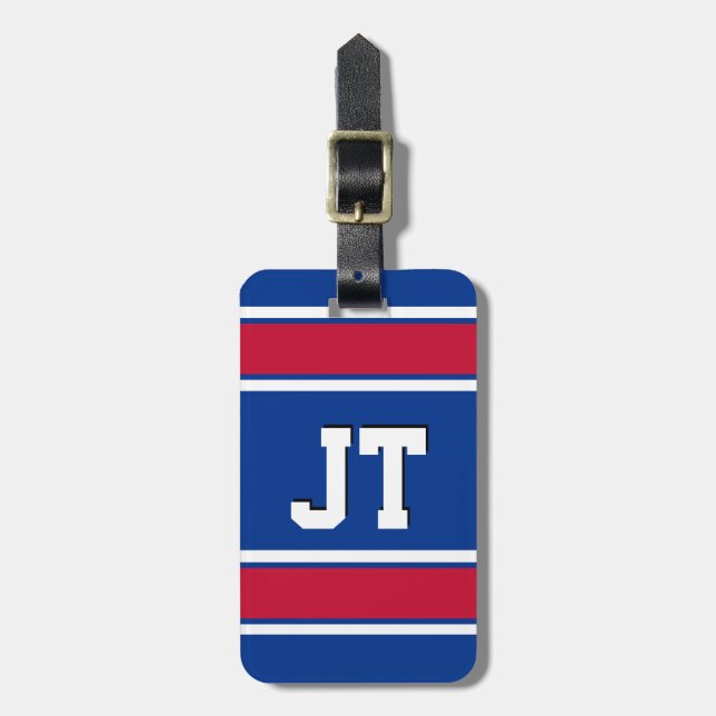 Étiquette À Bagage Royal Blue and Red Sport Stripes Personnalisé (Devant Vertical)