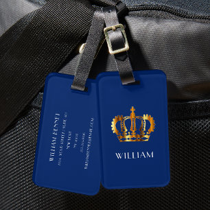 Étiquette À Bagage Royal Gold Couronne Nom Customisé Bleu