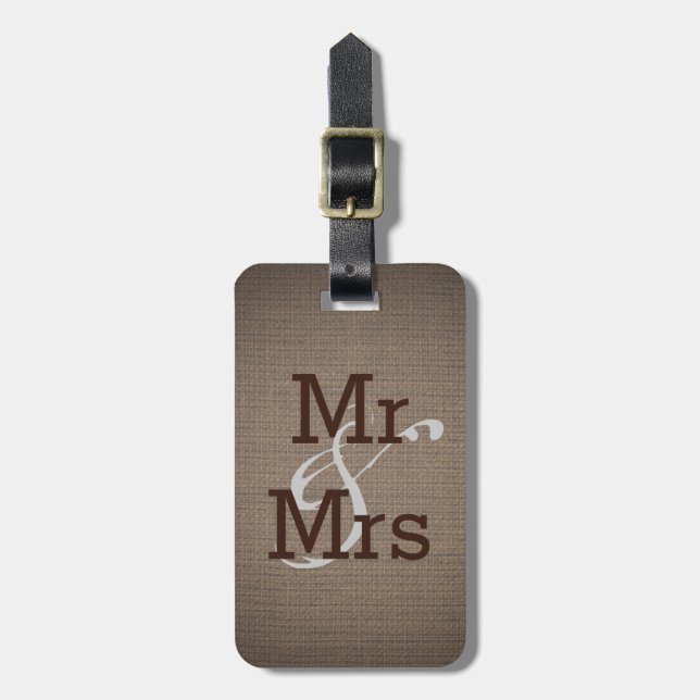 Étiquette À Bagage Rustic Country Burlap Monogram Mariage M. et Mme. (Devant Vertical)