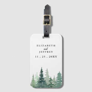 Étiquette À Bagage Rustic Watercolor Pine Forest Mariage d'hiver