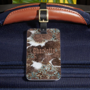 Étiquette À Bagage Rustic Western Brown Leather Cowhal Nom à imprimer