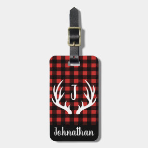 Étiquette À Bagage Rustique Buffalo Check Plaid & White Deer Antlers
