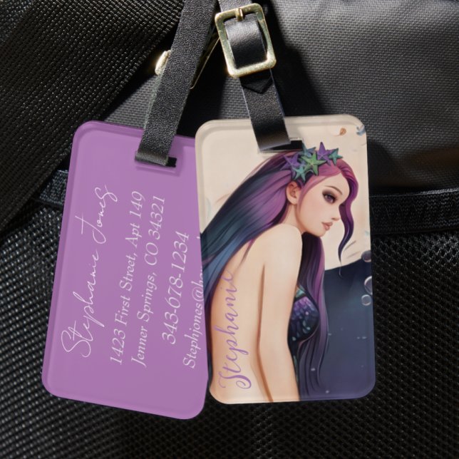 Étiquette À Bagage Sac à dos de sirène de lune d'aquarelle violette (Créateur téléchargé)
