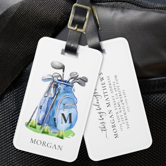 Étiquette À Bagage Sac de golf bleu Monogramme (Blue Golf Bag Monogram Luggage Tag)