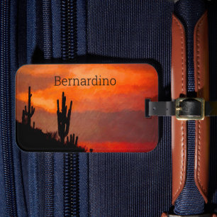 Étiquette À Bagage Saguaro Cactus Silhouette Arizona Red Sunset