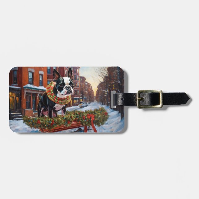 Étiquette À Bagage Saison de Noël de Boston Terrier (Devant horizontal)