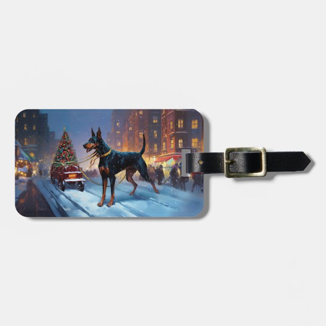 Étiquette À Bagage Saison Festive de Noël Doberman (Devant horizontal)
