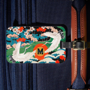 Étiquette À Bagage Sakura japonais vintage et Grues à couronne rouge