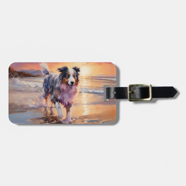 Étiquette À Bagage Sandy Australian Shepherd Dog on Beach Sunset (Devant horizontal)