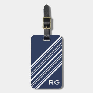 Étiquette À Bagage Sapphire foncé Monogramme à rayures bleu et blanc