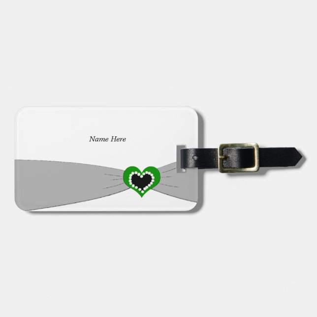 Étiquette À Bagage Sash gris avec coeur vert (Devant horizontal)
