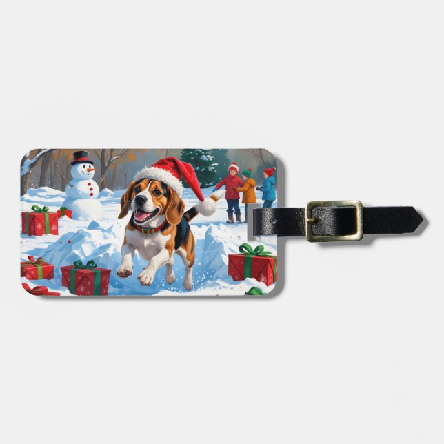 Étiquette À Bagage Scène de fête de Noël beagle (Devant horizontal)