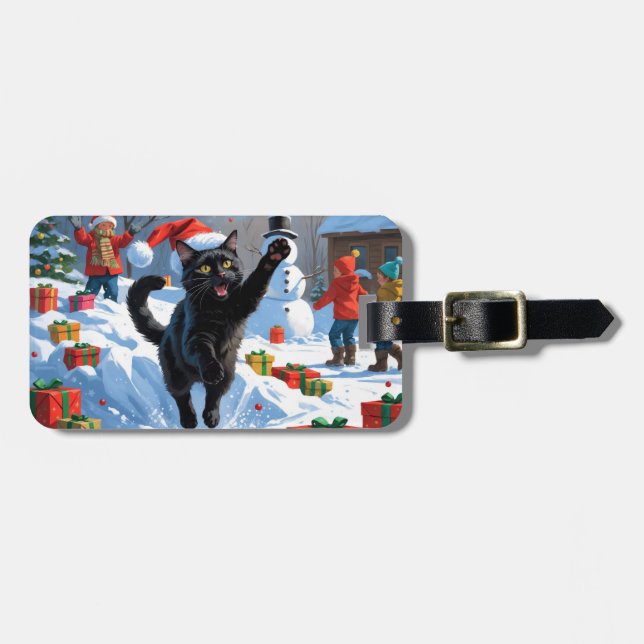 Étiquette À Bagage Scène de fête de Noël de chat noir (Devant horizontal)