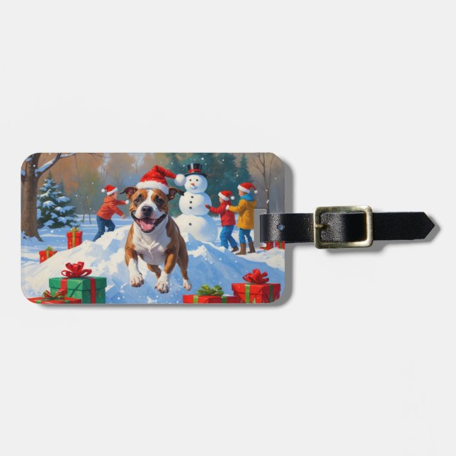 Étiquette À Bagage Scène de Noël de Bull Terrier (Devant horizontal)