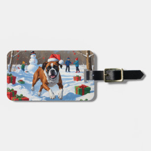 Étiquette À Bagage Scène de Noël festive de Boxer dans la neige
