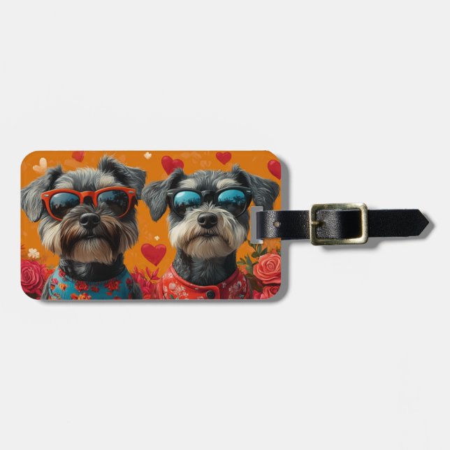 Étiquette À Bagage Schnauzer avec Roses de coeur Saint Valentin (Devant horizontal)