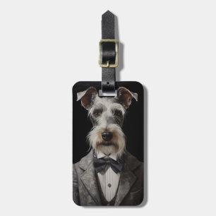 Étiquette À Bagage Schnauzer Portrait de chien Gray Suit Bow Cravate