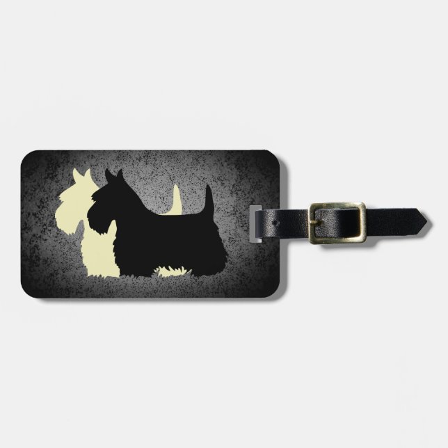 Étiquette À Bagage Scottish Terrier, 2 silhouettes, granit argenté (Devant horizontal)