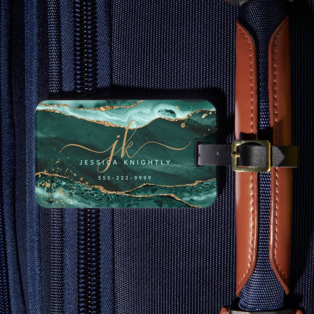 Étiquette À Bagage Script Agate Turquoise Monogramme Parties scintill (Insitu Rectoal 4)